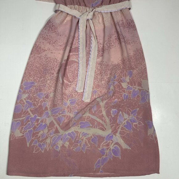 Vtg 80s Unbranded Pink Floral Elastic Waist Sheer Slit Midi Dress Belt Sz M ? - Picture 5 of 9
